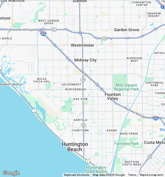 Map of Huntington Beach and surrounding areas, highlighting routes and local landmarks relevant to Noleen Dental's pediatric dental practice.