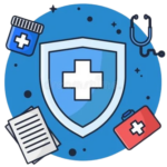 Insurance coverage icon featuring a shield with a medical cross, surrounded by a stethoscope, medical files, and a first aid kit, representing orthodontic insurance options at Noleen Dental Clinic.