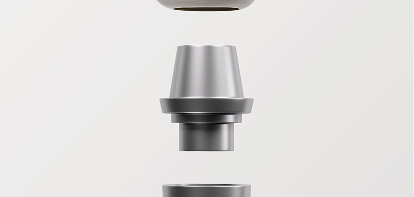 Dental implant components including implant body, abutment, and artificial tooth, illustrating the structure and assembly for dental restoration.